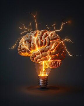 A brain illuminated from within, ideas branching out like lightning, showcasing the explosive potential of creativity and cognition in business innovation