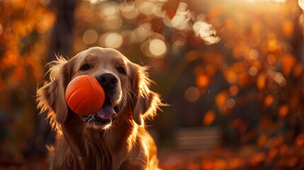 A golden retriever with a happy grin, carrying a bright orange ball in its mouth while bounding through a sun-dappled forest adorned with autumn colors - Powered by Adobe