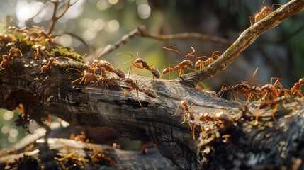 A group of ants working in harmony to construct a bridge using small sticks and twigs, their meticulous attention to detail evident in the precise alignment of each element