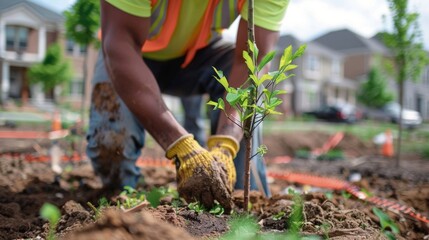 A closeup of a construction worker carefully planting a tree in a newly developed neighborhood emphasizing the importance of incorporating green spaces into urban landscapes for the .
