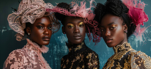 A group of three black women stand in a row each wearing a different haute couture ensemble that exudes elegance and grace. The way their outfits complement each other shows the harmony .