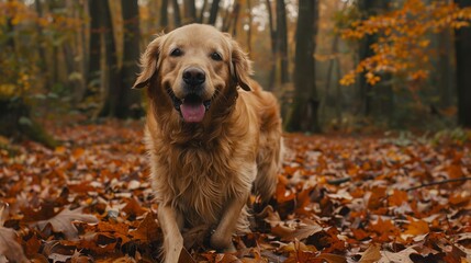 A happy golden retriever frolicking amidst a carpet of fallen leaves in a lush autumn forest, the vibrant colors of the foliage providing a picturesque backdrop