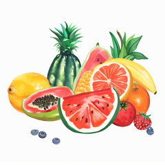 Naklejka premium Various of tasty summer fruits isolated on white background. Vegan eco fresh organic food, keto diet. Healthy life concept. Watercolor illustration for design banner, card, menu