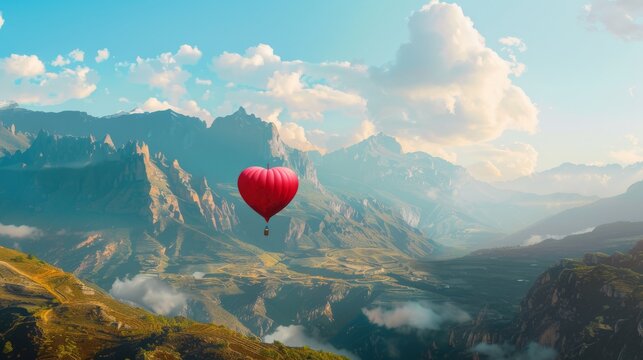 A vibrant red hot air balloon is seen flying gracefully over a majestic mountain range, showcasing the contrast between the colorful balloon and the rugged landscape below.