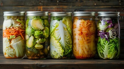 Brassicas: Sauerkraut (cabbage), kimchi (cabbage with chili), fermented green beans, Brussels sprouts - 782648233