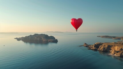 A colorful hot air balloon in the shape of a heart soaring gracefully over a large expanse of water, with the vibrant reflection of the balloon mirrored in the water below. - 782648271