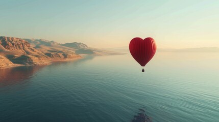 A hot air balloon in the shape of a heart floats gracefully over a shimmering body of water, reflecting the clear blue sky above. The colorful balloon casts a vibrant reflection on the waters surface. - 782648273