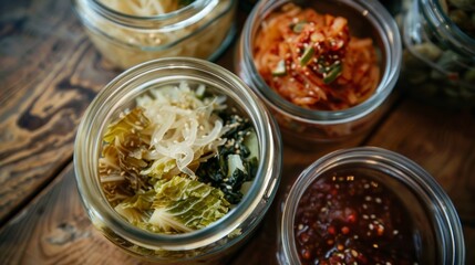 Brassicas: Sauerkraut (cabbage), kimchi (cabbage with chili), fermented green beans, Brussels sprouts - 782648275