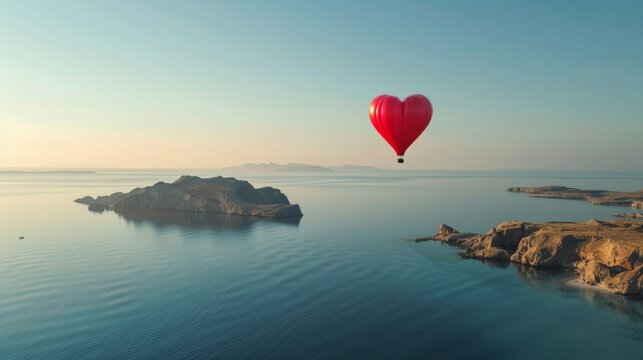 A colorful hot air balloon in the shape of a heart soaring gracefully over a large expanse of water, with the vibrant reflection of the balloon mirrored in the water below.