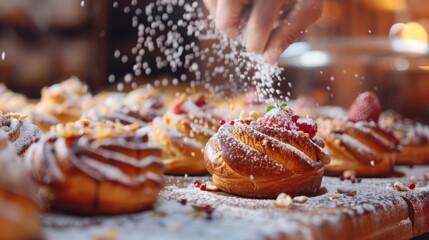 In a flurry of excitement and creativity the bakers passion for pastries is on full display as they expertly sprinkle toppings onto a batch of freshly baked treats. The result is a .