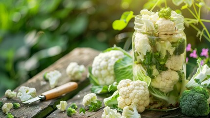 Cabbage broccoli cauliflower marinated pickled in glass,fresh Cabbage cauliflower in the garden background - 782648456