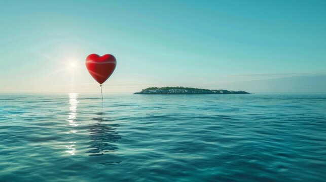 A heart shaped balloon is seen floating on the ocean surface. The balloon stands out against the water, symbolizing love and romance in a unique setting.