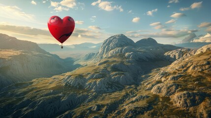 A heart-shaped balloon gracefully floats in the sky above a majestic mountain range. The bright red balloon stands out against the backdrop of the towering mountains. - 782648655