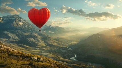 A vibrant red hot air balloon is seen flying gracefully over a lush valley, with mountains in the background. The balloon stands out against the clear blue sky as it peacefully floats through the air. - 782648696
