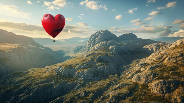 A heart-shaped balloon gracefully floats in the sky above a majestic mountain range. The bright red balloon stands out against the backdrop of the towering mountains.