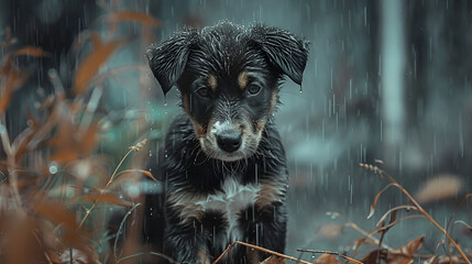 perro canino triste y solo olvidado en las calles sufriendo de frio bajo la lluvia perrito mascota abandonado y solitario esperando  - obrazy, fototapety, plakaty