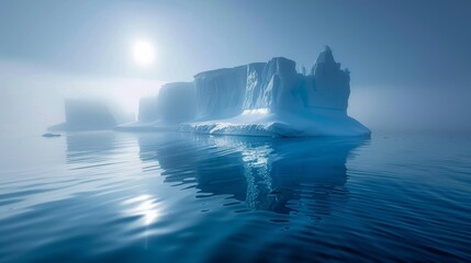 A massive iceberg with imposing symmetrical formations is floating in the middle of the ocean. The ice structure contrasts with the blue water surrounding it, creating a striking scene of natural - 782648812