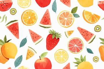 Beautiful pattern with watercolor tasty summer fruits on white background. Vegan eco fresh organic food, keto diet. Healthy life concept. Print for design paper, card, wallpaper, textile, menu 