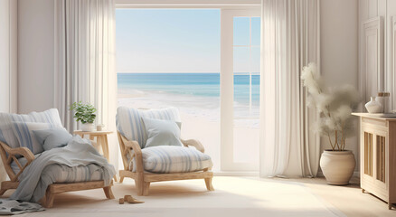 A beach house interior with light blue and white walls