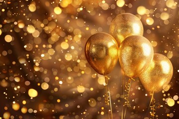 Multiple golden balloons with glitter on a bokeh background