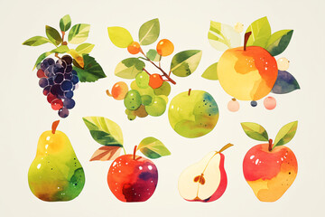 Obraz premium Set of different watercolor tasty summer fruits isolated on white background. Vegan eco fresh organic food, keto diet. Healthy life concept. Elements for design paper, card, wallpaper, textile, menu 