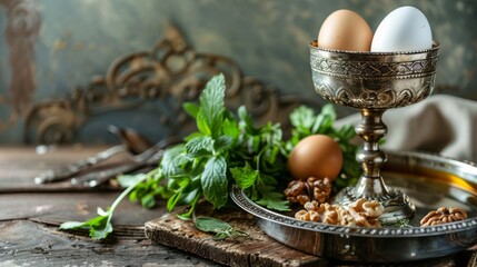 Jewish seder with egg, bone, herbs and walnut Passover holiday concept.  - 782649283