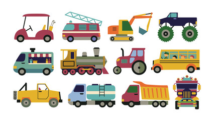 Vehicles set isolated vector icons Illustrations