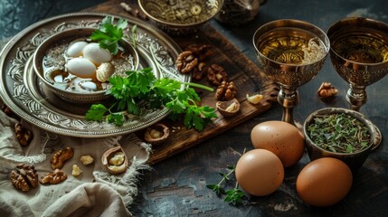 Jewish seder with egg, bone, herbs and walnut Passover holiday concept.  - 782649413