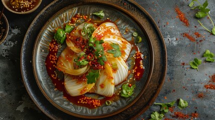 kimchi (spicy cabbage with chili flakes) for serving - 782649483