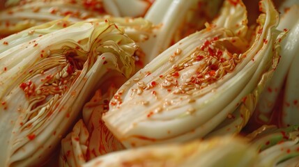 kimchi (spicy cabbage with chili flakes),fresh cabbage background. - 782649622