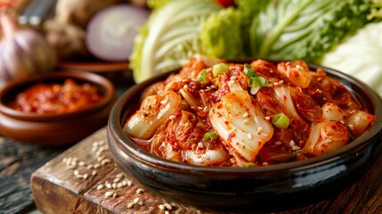kimchi (spicy cabbage with chili flakes),fresh cabbage background. - 782649628
