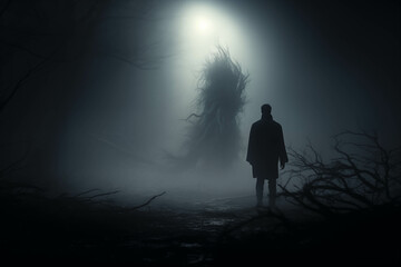 Fototapeta premium Strange shadows in the dense fog Around the rural village, shadows of demons.