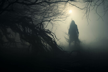 Strange shadows in the dense fog Around the rural village, shadows of demons. - obrazy, fototapety, plakaty