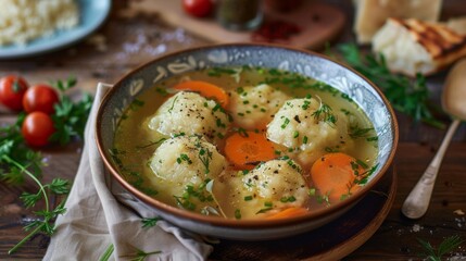 A hearty soup with dumplings made from matzah meal,Traditional Jewish passover - 782650088
