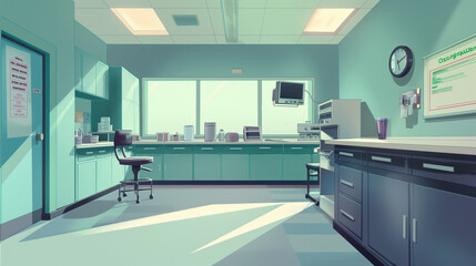 Calm and organized examination room with a desk, chair, and various medical supplies ready for patients
