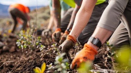 Fototapeta premium A team of volunteers working together to plant trees and shrubs in a previously barren area. These plants will eventually be used to produce biochar a type of biofuel that helps sequester .