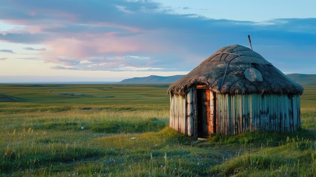 A hut in the grassland during the day.AI generated image