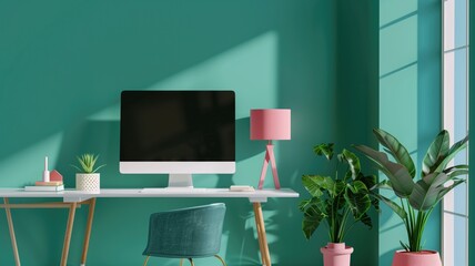 Modern workspace with computer, lamp, and plants under natural lighting near window blinds
