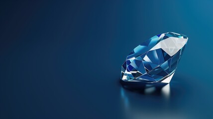 Shiny blue gemstone with multiple facets on reflective dark surface