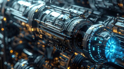 Futuristic metallic engine with glowing blue core and intricate details