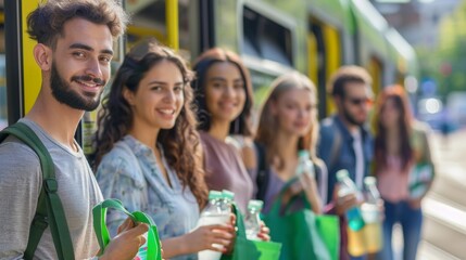 Obraz premium A group of diverse individuals waiting at a tram stop all holding reusable bags and water bottles. The biofuel tram pulling up to pick them up serves as a reminder of their reducing .