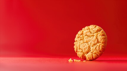 Single golden-brown cookie with crumbs on red background