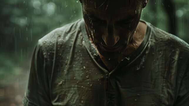 The subtle shake of a mans shoulders as he sobs leaving wet trails on the front of his shirt. .