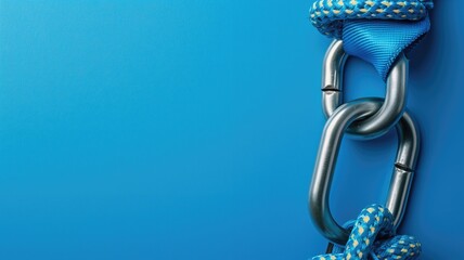 Strong metal carabiner attached to blue climbing rope against background
