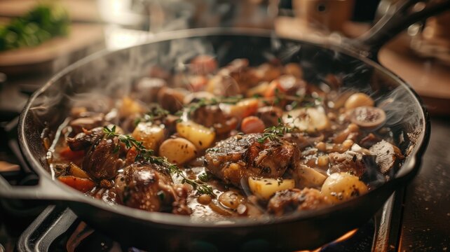Sizzling pan of roasted meat and potatoes garnished with herbs on stovetop