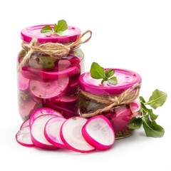 radishes sliced pickles in glass jars isolated on white background - 782651433
