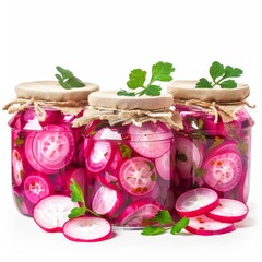 radishes sliced pickles in glass jars isolated on white background - 782651474