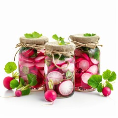 radishes sliced pickles in glass jars isolated on white background - 782651475