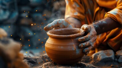 close up photo of craftsmen's hands making pots from clay.AI generated image