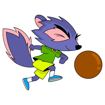A purple skunk is playing soccer dribbling a ball